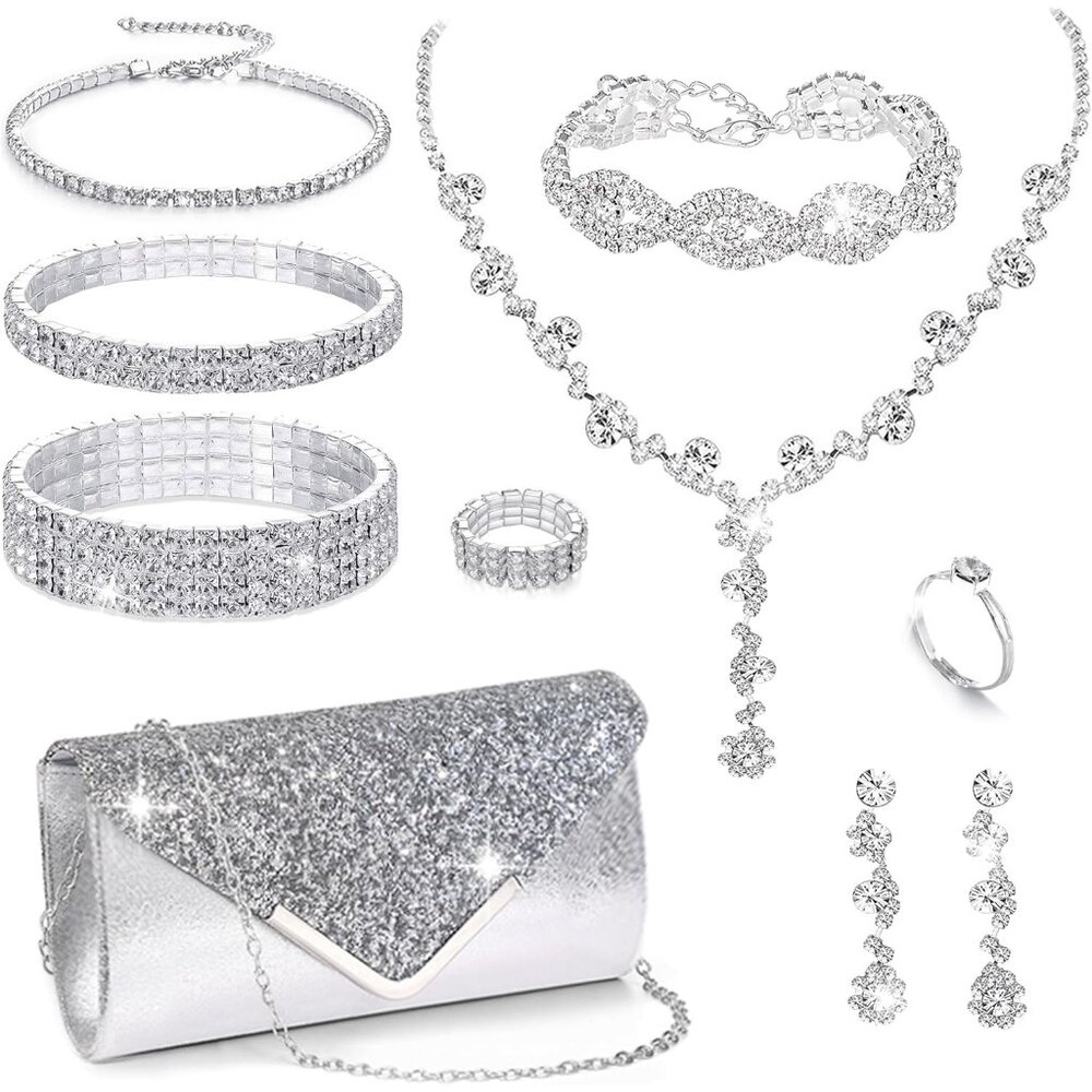 〽️Women Sparkly Clutch Purse Bag Necklace Bracelets Bridal Silver Jewelry Set